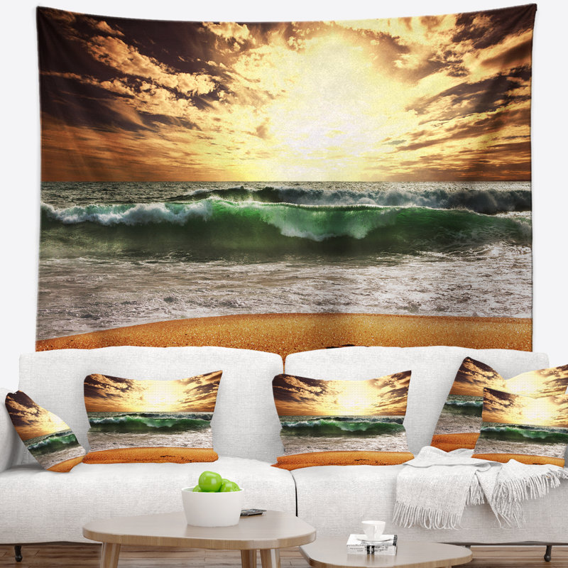 Raging vagues vert à coucher de soleil à coucher de mer tapisserie, H 68 po x l 80 po