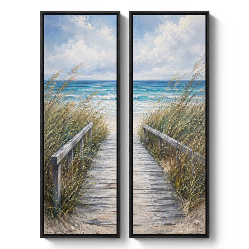 Promenade côtière avec herbes des dunes – Ensemble de 2 impressions d'art encadrées sur toile 60 po x 20 po x 2, Cadre noir