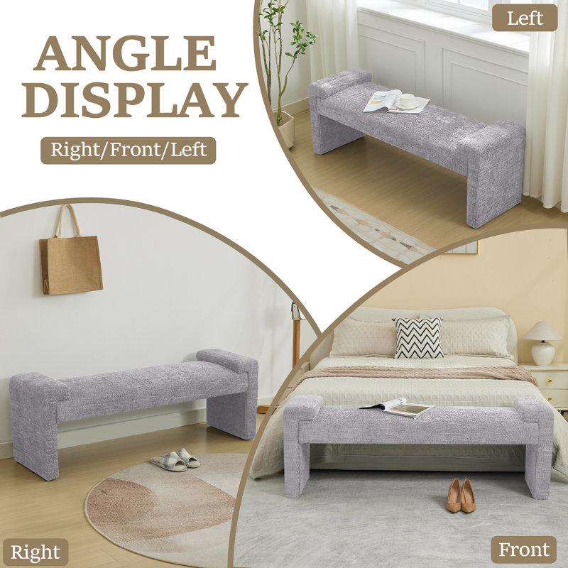 58.6" W Upholstered Bedroom Bench, Gray Sherpa, 20.6" H x 58.6" W x 17.3" D