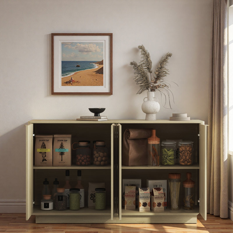 Buffet moderne cannelé avec tablettes réglables et poignées en métal, Naturel