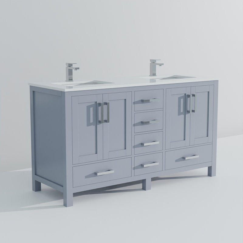 Ensemble de meuble-lavabo double avec plateau en marbre de culture et robinet, Gris foncé
