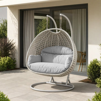 Fauteuil d'œuf d'extérieur en osier pour 2 personnes avec support et coussins Mendoza - Double balancelle suspendue résistante aux rayons UV pour patio et jardin