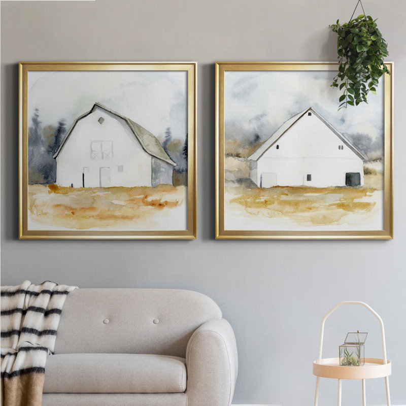 «White Barn Watercolor III», toile tendue avec châssis encadré - prête à être accrochée, H 34,5 po x l 69 po x P 1,5 po