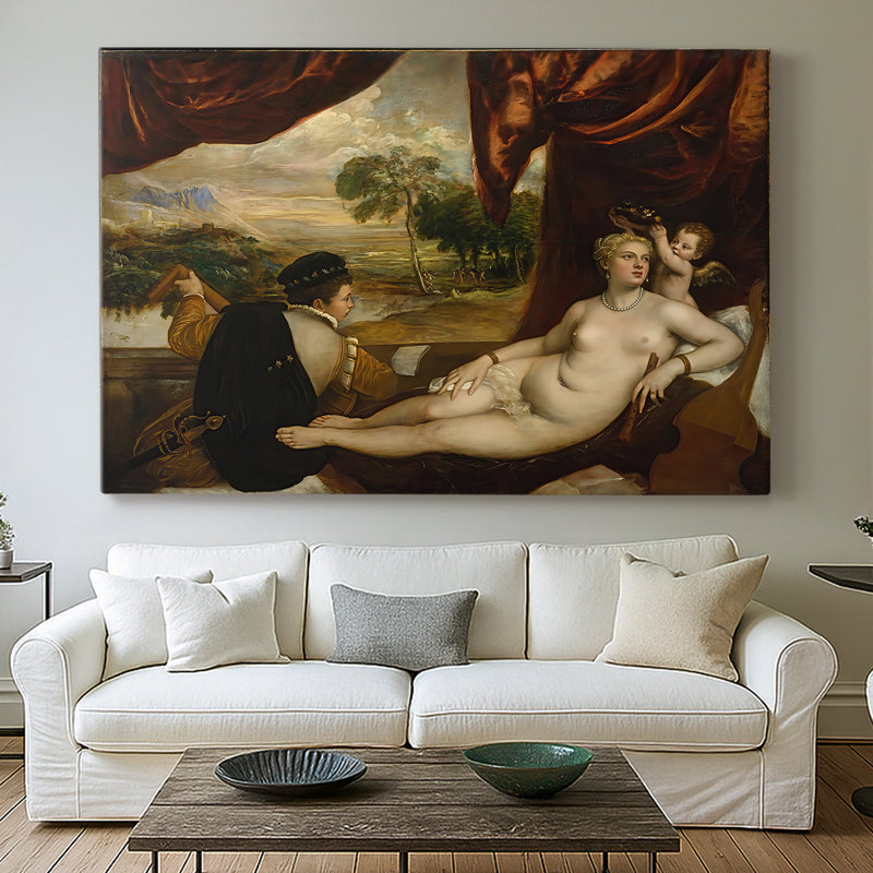 Venus and the Lute Player-Titian-Gallery, toile tendue-c. 1565-1570, 40 po x 60 po