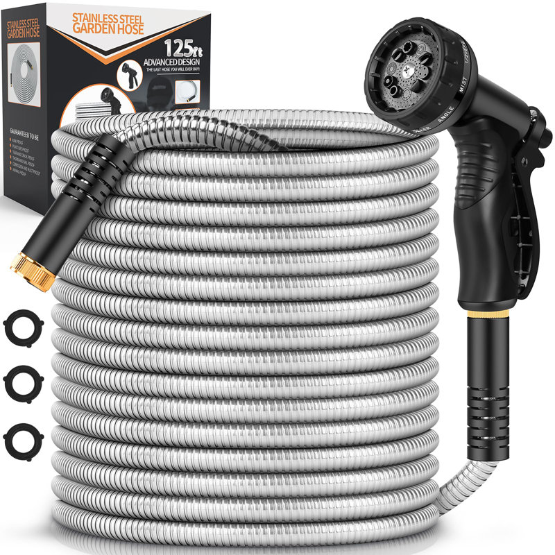 Metal Garden Hose With 10 Function Nozzle, 15" H x 1500" L x 15" D