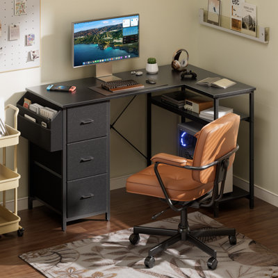 47 inch L-Shaped Computer Desk With Storage Bag & 3 Fabric Drawers, Modern Home Office Corner Desk With Storage Shelves, Space-Saving Workstation For Bedroom, Study & Small Spaces,Black