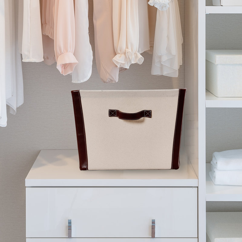 Bac de rangement en toile crème avec cuir végétal et bordure en fer
