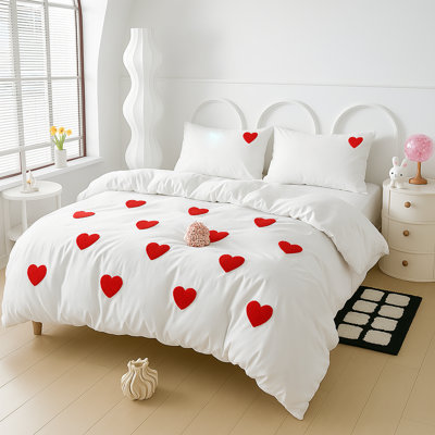 Heart Tufted Embroidered Duvet Cover Set with Pillowcases(No Filling), Soft Microfiber Bedding Set, White ComforterCover, Mother’s Day