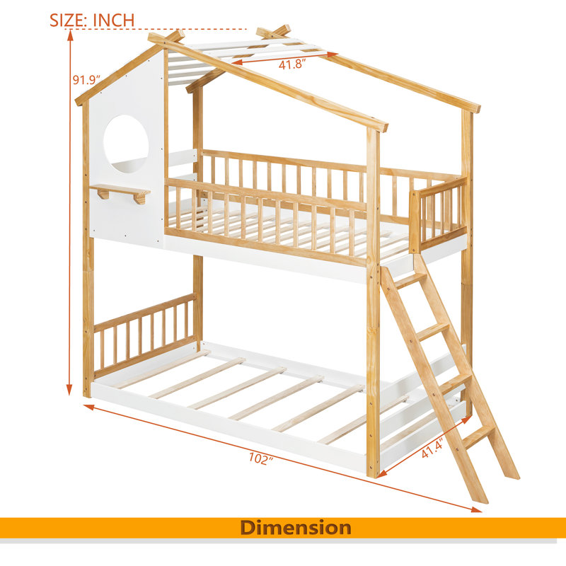 Lit superposé simple au-dessus d'un lit simple en bois avec toit, fenêtre et échelle