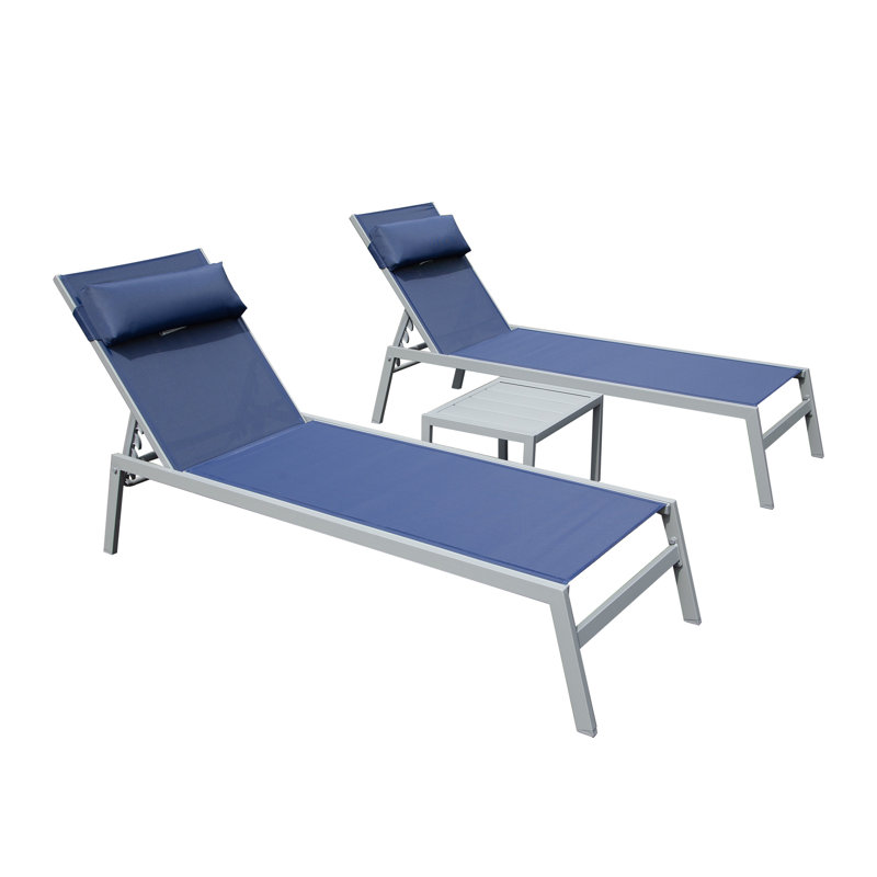 Patio Chaise Lounge Set Of 3, Aluminum Pool Lounge Chairs With Side Table, Outdoor Adjustable Recliner All Weather For Poolside, Beach, Yard, Balcony (Navy Blue)