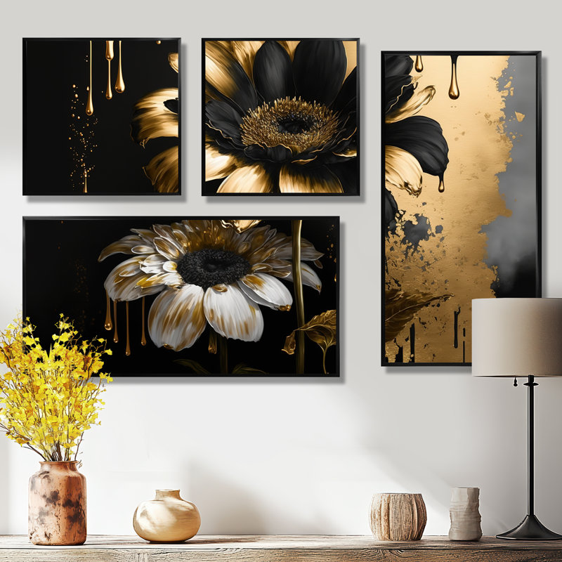 «Black and Gold Daisy II» - art mural traditionnel noir 4 pièces, Impression encadrée sans passe-partout, Noir