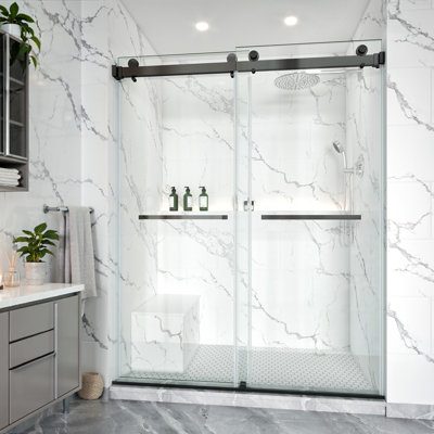 Porte de douche sans cadre Kavrton l 62 "-67" x H 76 ", porte de douche double coulissante en noir mat, verre trempé transparent 3/8" (10mm) avec 2 barres à serviettes