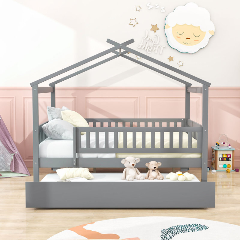 Full Wooden House Bed With Twin Trundle And Guardrails, Gray