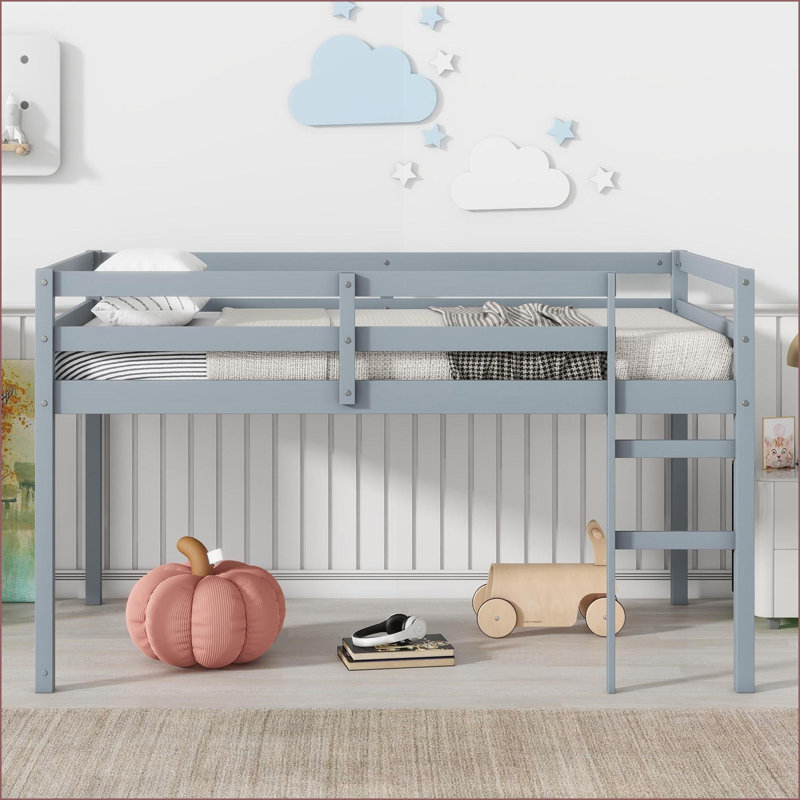 Twin Size Rubber Wood Loft Bed with Reinforced Slats, No Box Spring Needed, Grey for Second Bedroom