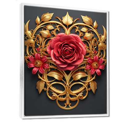 Rose rouge ornementale or - impression d'art mural rose
