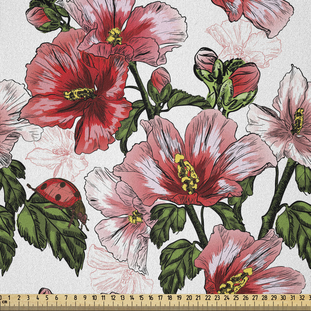 Ladybugs Fabric By The Yard, Exotic Flowers Hibiscus Hawaiian Foliage Illustration Botany Spring Blossom, Microfiber Fabric For Arts And Crafts Textiles & Decor, 1 Yard, Red Coral Green East Urban Home 