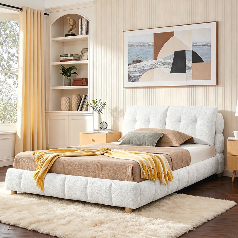 Bouclé Fabric Platform Bed, Soft Cloud-Like Upholstered Frame with Solid Wood Legs, No Box Spring Needed, Queen