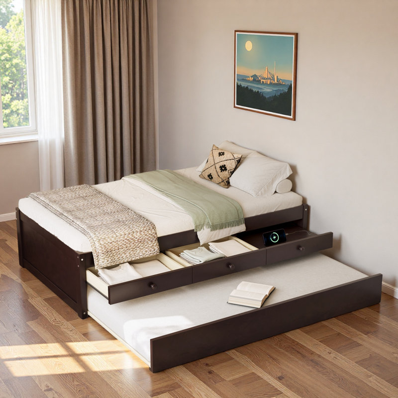 Platform Bed With Trundle, 2 Drawers And Power Strip, Twin, Espresso