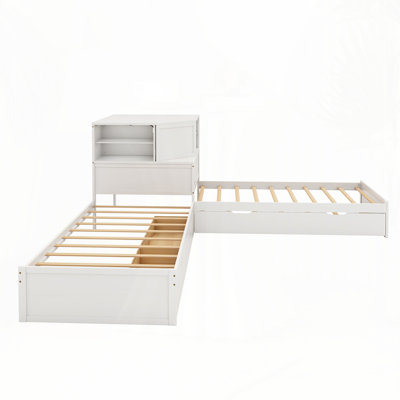 L-Shaped Combination Twin Bed Frame With Trundle And Drawer,3-In-1 Low Corner Platform Bed Linked With Built-In Desk And Led Downlight