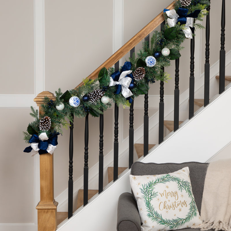 Frosted Pine With Blueberries Bows And Ornaments Christmas Garland - 6' X 8" - Unlit