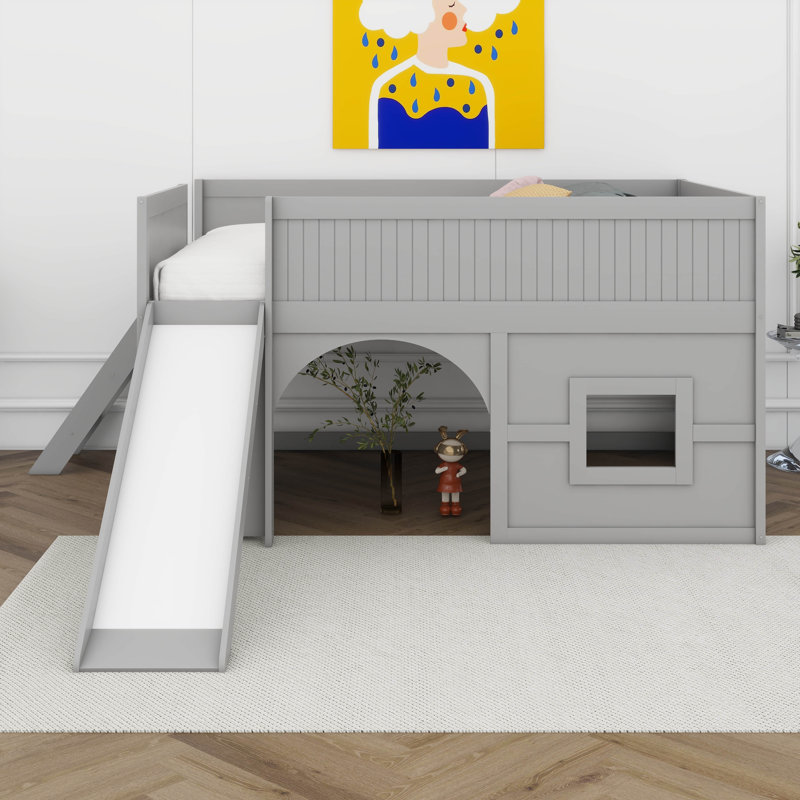 Lit mezzanine bas pour enfants, cadre en bois massif avec étagères de rangement, glissade et échelle, barrière de sécurité, espace de jeu sous le lit