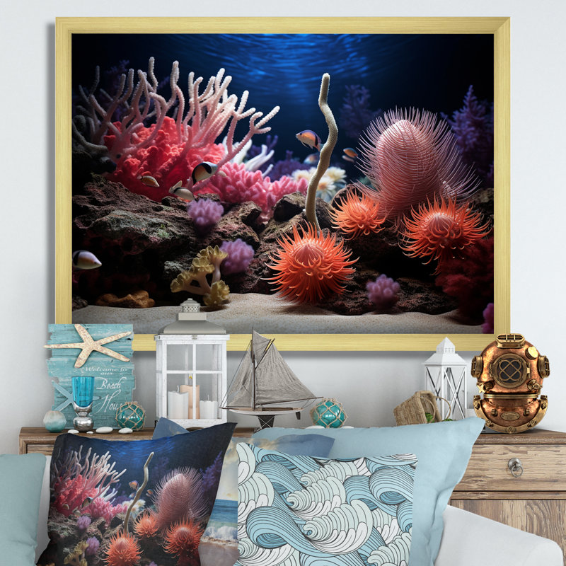 «Vibrant Coastal Coral Beauty», reproduction d'art sur toile, H 16 po x l 32 po x P 1 po, Cadre doré simple