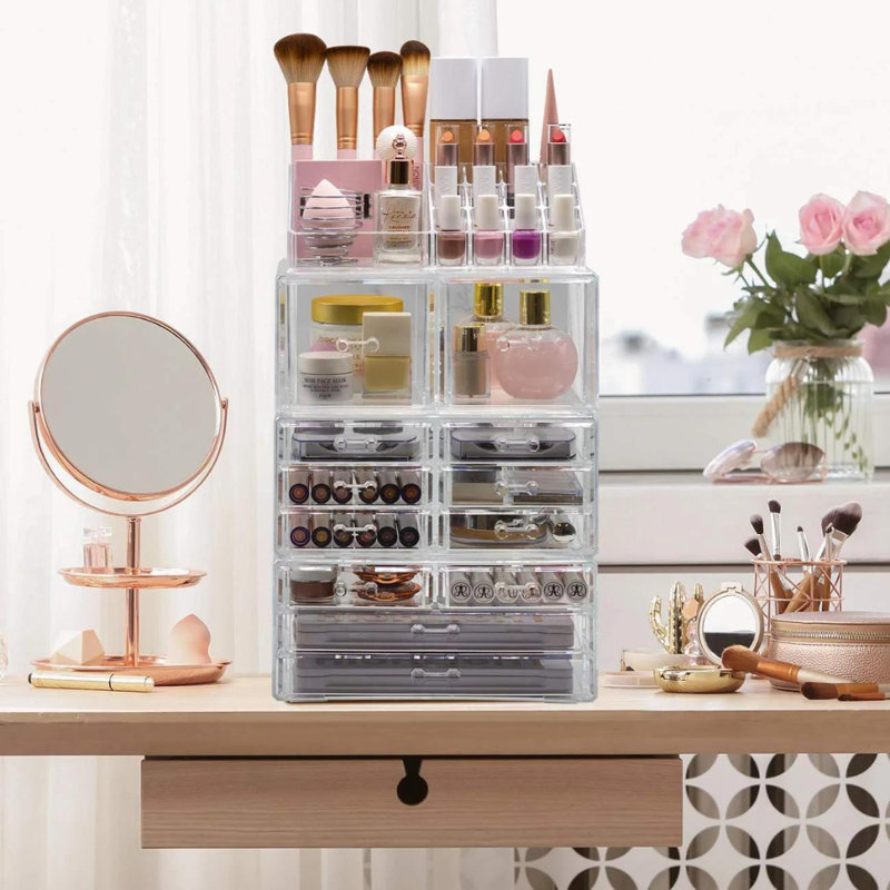 Marble and Clear Acrylic 12-Drawer Makeup Organizer Tower