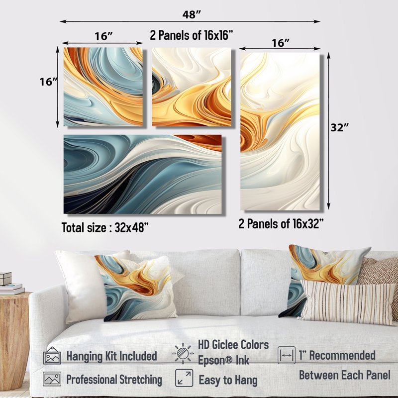 Vague rétro bleue et orange élégante II - art mural moderne 4 pièces, Impression encadrée sans passe-partout, Noir