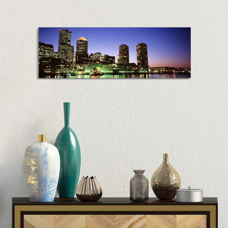 Skyscrapers At The Waterfront Lit Up At Night, Boston, Massachusetts, USA - Wrapped Canvas Panoramic Print