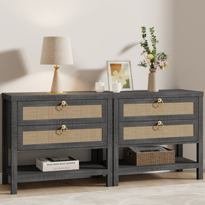 Boho Large Rattan Nightstands With 2 Drawers & 1 Shelf 