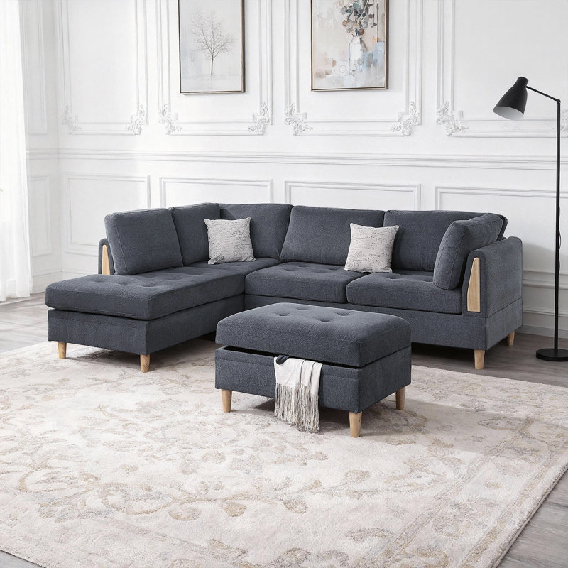 Reversible Sectional Sofa With Storage Ottoman, Charcoal