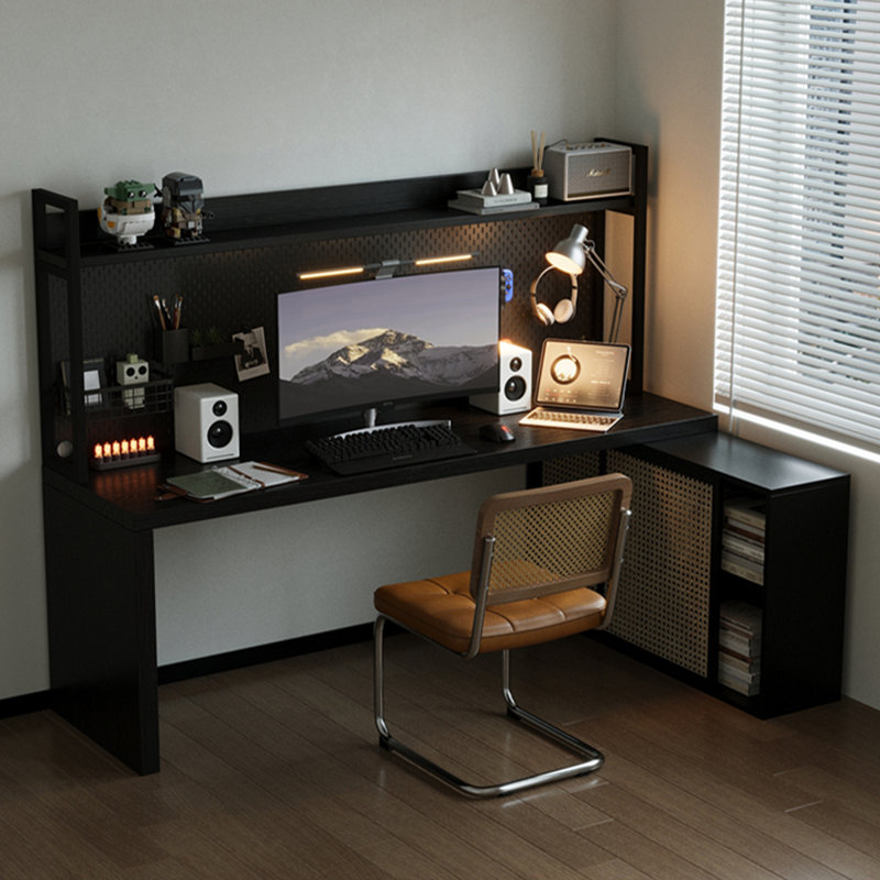 Bureau en bois massif en L noir + brun clair + fer + rotin, H 61,02 po x l 78,74 po x P 47,24 po