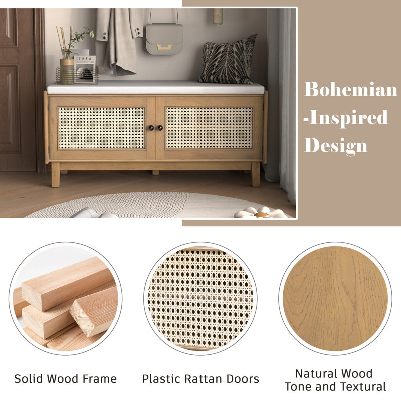 Boho Rattan Entryway Bench with Storage, Cushioned Wooden Shoe Organizer for Hallway, Brown/Beige