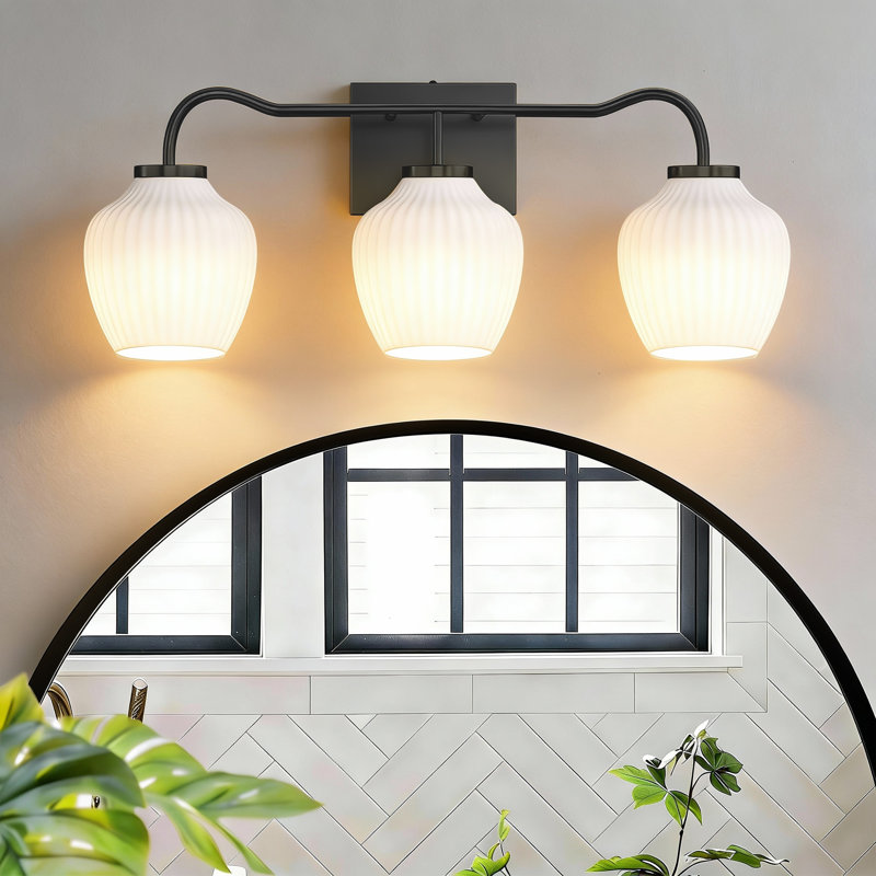 24" W 3-Light Dimmable Wrought Iron Vanity Light, Matte Black, White