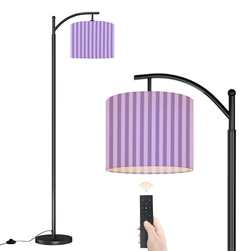 Lampe sur pied à arc avec abat-jour réglable rayures verticales mauves lavande foncé abat-jour mauve foncé Lampe sur pied à 3 températures de couleur à intensité variable avec interrupteur au pied pour chambre à coucher