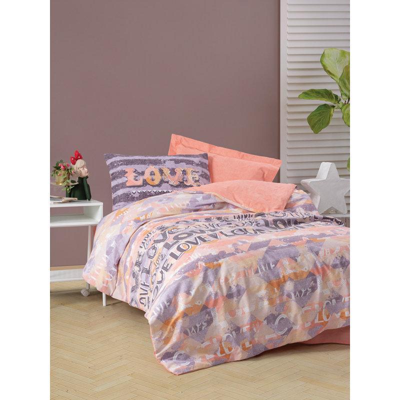 Ensemble de housse de couette 100% coton Aeilt poudre / mauve / lilas, Housse de couette simple + 1 taie d'oreiller 24 po