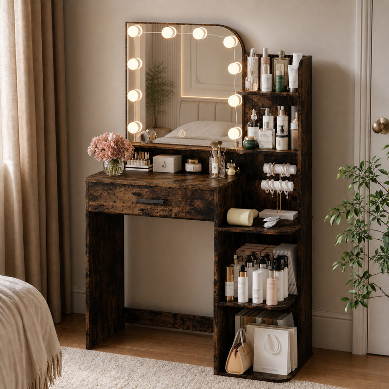 Meuble-lavabo 32 po avec miroir et 3 lumières DEL de couleur, coiffeuse avec 5 grandes tablettes de rangement et grand tiroir