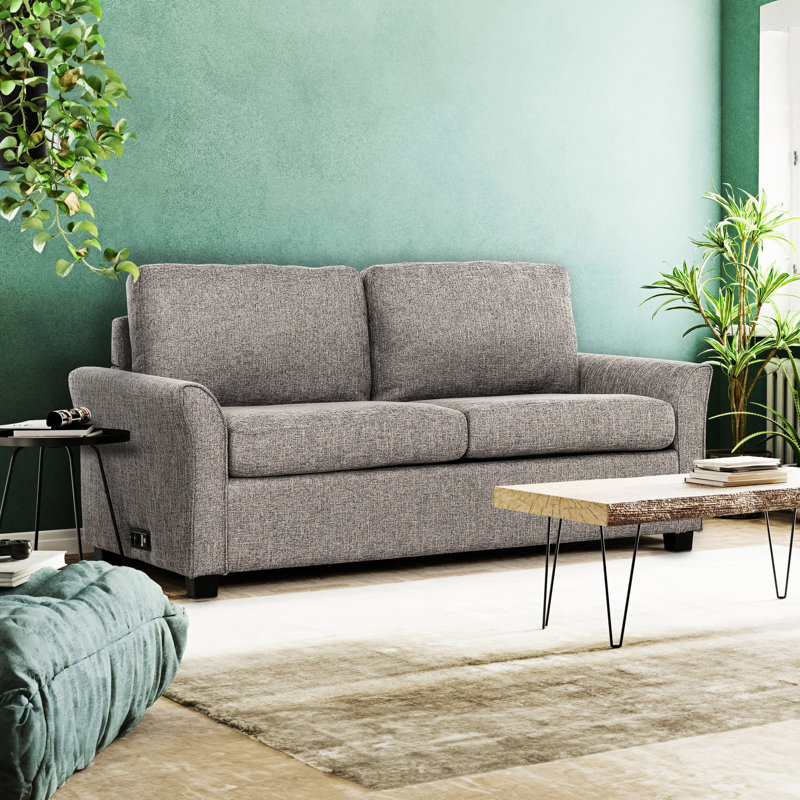 Lit convertible gris avec accessoires de salon essentiels, canapé de style contemporain, confort en mousse