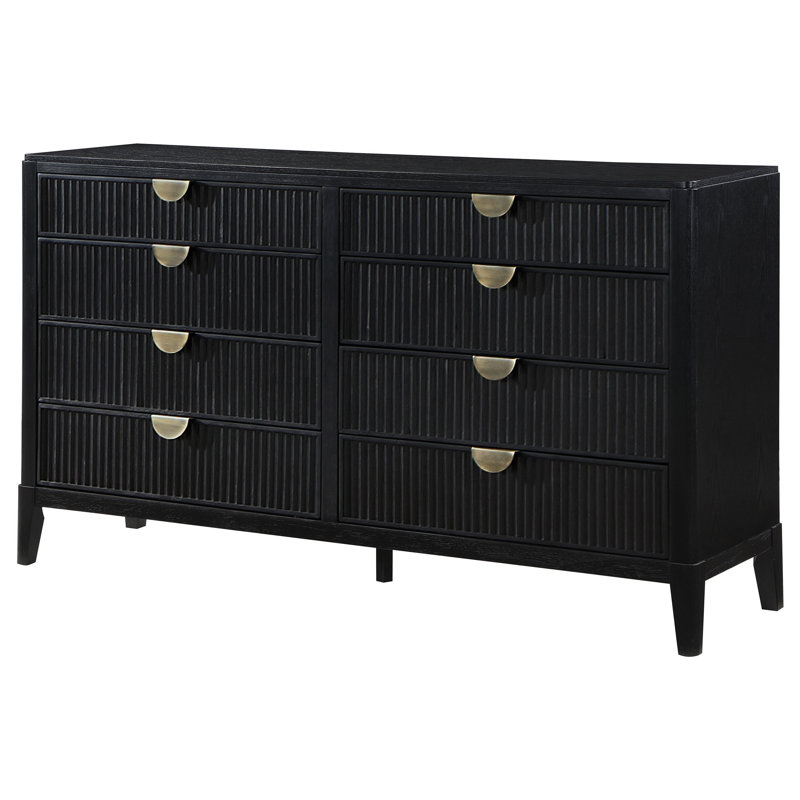 Commode Jack, 8 tiroirs, poignées en métal doré, bois noir brossé