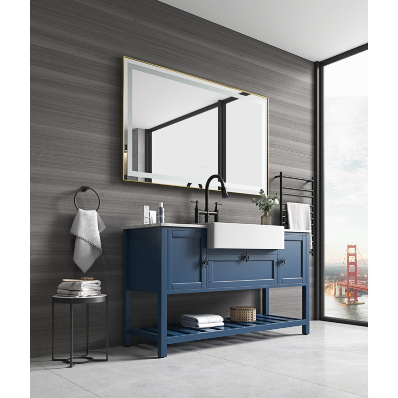 Miroir de salle de bain 60 po x 36 po à DEL avec cadre en aluminium, miroir de meuble-lavabo mural, anti-buée, mémoire, 3 couleurs, réglable en continu