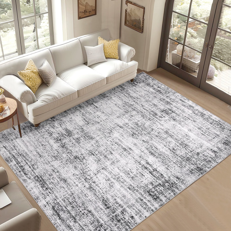 Washable Area Rug, Vintage Distressed Low Pile Non-Slip Foldable Retro Abstract Indoor Floor Carpet, Grey, 6'x9', Gray