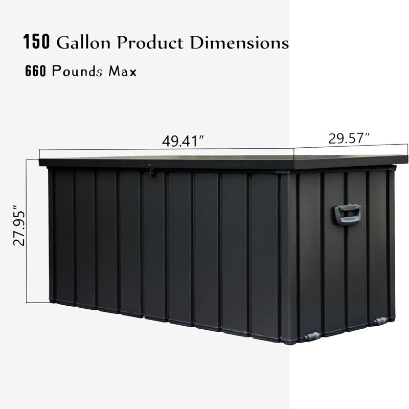 Boîte de rangement extérieure 150 gallons imperméable, H 27,95 po x l 49,41 po x P 29,57 po, Gris foncé