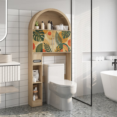 Over The Toilet Storage Cabinet, Freestanding Bathroom Organizer with Adjustable Shelf and Anti-Tip Device, Arched Cabinet with Doors, Space-Saving Toilet Storage for Bathroom, Laundry, Mini Bar