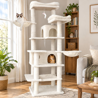 Arbre à chat de 68 po de hauteur à plusieurs niveaux avec hamacs, panier suspendu, grotte pour chat, coussins amovibles et poteaux à griffes - Tour de chat d'intérieur en peluche pour plusieurs chats