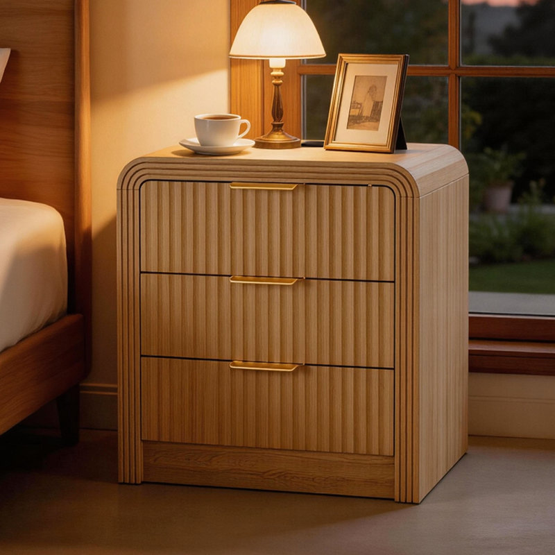 3-Drawer Nightstand with Charging Station, USB-C & AC Ports, Modern Fluted Curved Natural Oak Bedside Table, 19.6" Wide