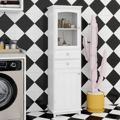 Armoire de rangement de salle de bain de 63 pouces avec tablette réglable, armoire de rangement autoportante avec 2 tiroirs, portes en verre