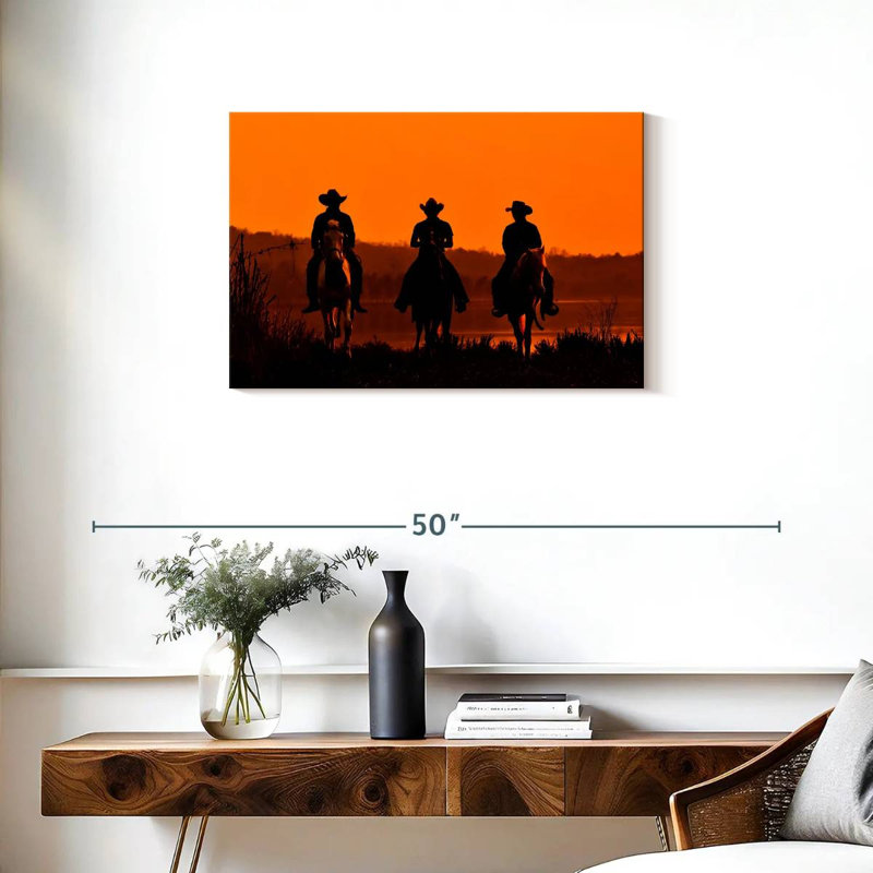 Cowboys au coucher du soleil, H 20 po x l 30 po
