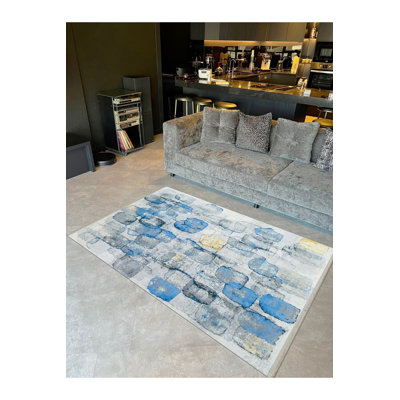 Tapis bleu lavable à la machine à motif abstrait à motif abstrait bleu Barcelona
