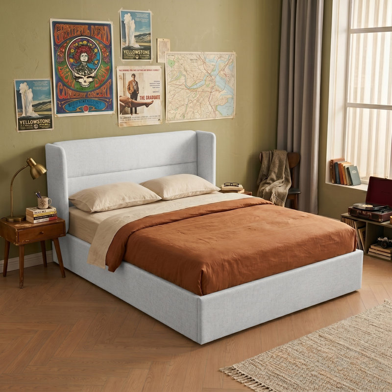 Lit plateforme tapissier avec rangement Gaillarde, Double, Blanc grisâtre