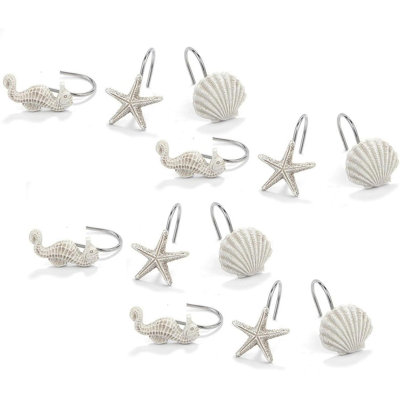 Seashell Shower Curtain Hooks - 12-Pack, Stainless Steel, 2 X 2.4 In, Mediterranean Style - Beach Theme & Coastal Decor - Seahorse & Starfish Designs - Rust-Proof Rings For Bathroom Decor
